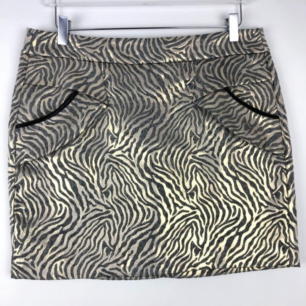 BCBG Metallic Zebra Print Mini Skirt Womens Size 10 Gold Grey Pockets Maximalist